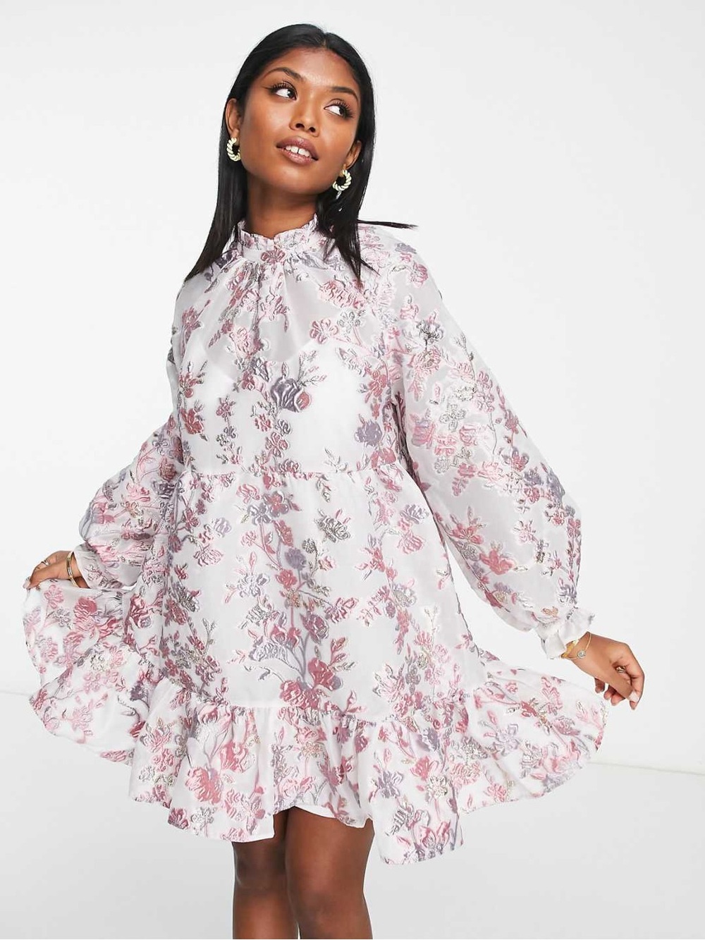 ASOS Floral Print Long Sleeve Ruffle Hem Mini Dress - Pink